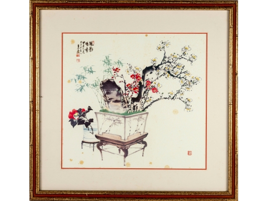 Framed Chinese Watercolor Painting Of Potted Flowers