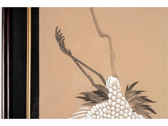 Pair Of Framed Asian Paintings On Silk Of Cranes