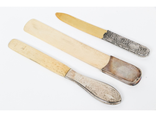Group Of Three Antique Bone And Silver Letter Openers