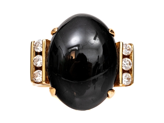 14k Yellow Gold Contemporary Cabachon Black Onyx And Diamond Ring, Size 6.5, App. 0.12 TCW