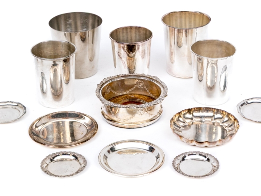 Assembled Thirteen Piece Silver Plated Wine Serving Lot