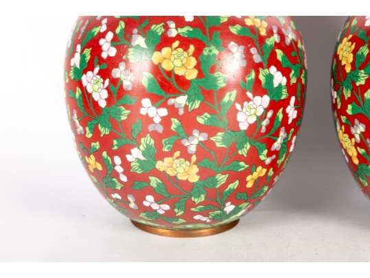 Pair Of Chinese Cloisonné Red Lidded Ginger Jars With Floral Motifs