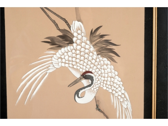 Pair Of Framed Asian Paintings On Silk Of Cranes