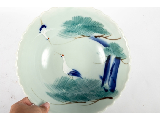 Japanese Porcelain Bowl With Cranes And Pine Design