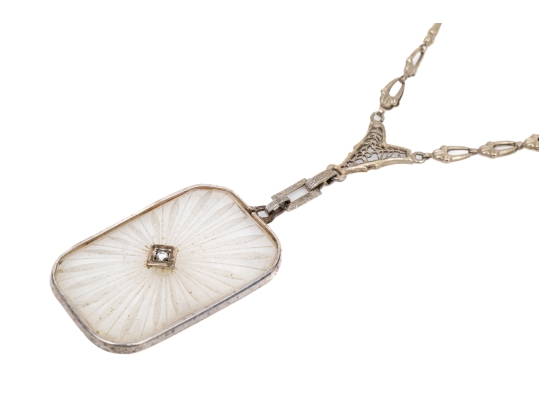 14k White Gold Vintage Rock Crystal Quartz And Diamond Set Necklace With 10k Gold Chain