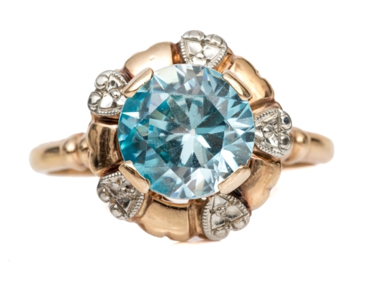 14k Yellow Gold Pretty Synthetic Blue Zircon Ring With Decoratve Border, Size 7
