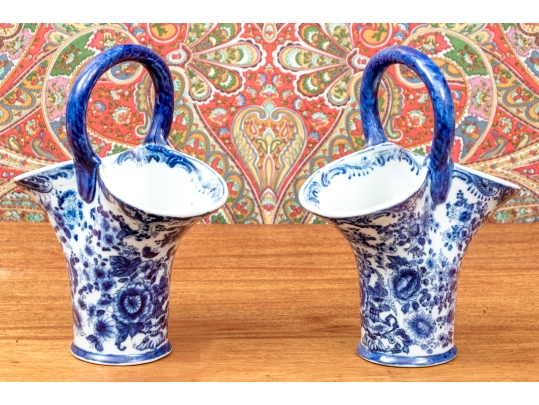 Decorative Chinese Pair Of Blue And White Basket Form Vases