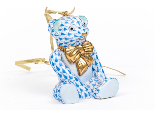 First Edition Herend Hungary Hand-Painted Porcelain Teddy Bear Ornament, Blue Fishnet Pattern