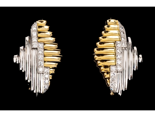 Michael Bondanza Platinum, 18k And Diamond Pair Of Opposing Deco Style Brooches, App. 1.20 TCW