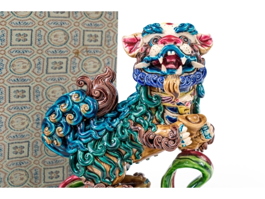 Koji Pottery Enameled Ceramic Figure Of A Foo Dog On Ball