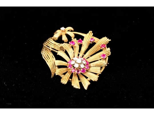 Karbra Yellow Gold Magnificent Vintage Ruby And Diamond Flower Cluster Brooch