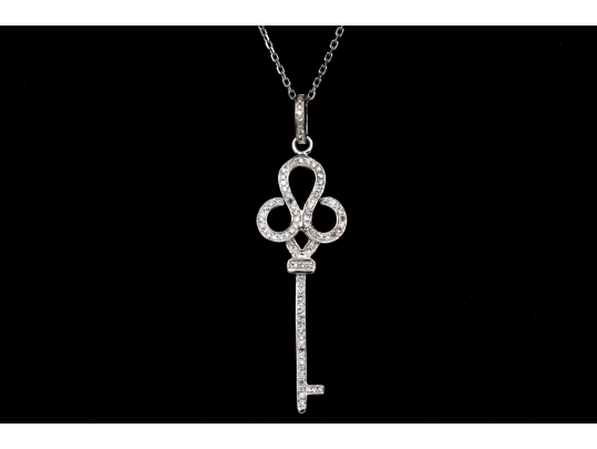 14k White Gold Handsome Diamond Set Swirled End Key Pendant, App. 0.21 TCW, With Chain