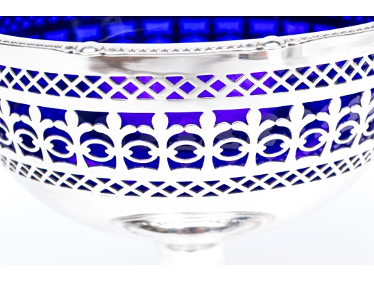 Antique English Silverplate And Cobalt Glass Serving Bowl 