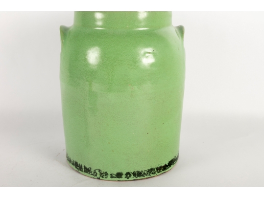 Antique Green Glazed Stoneware Lidded Crock