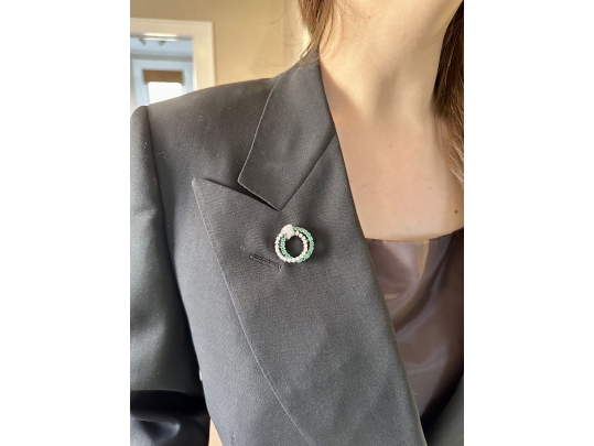 14k White Gold Fabulous Emerald And Diamond Double Circle Brooch