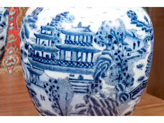 Pair Of Decorative Chinese Porcelain Ginger Jars With Wood Lids
