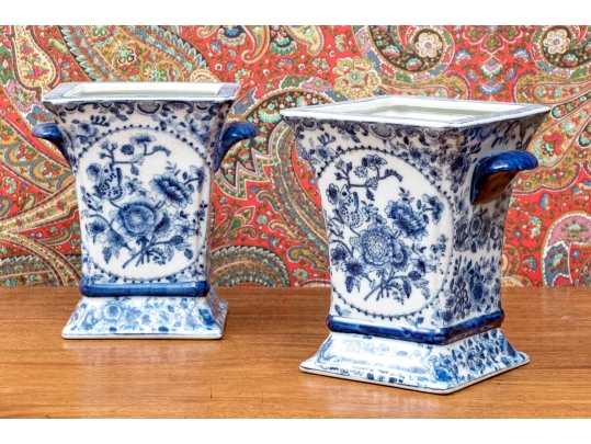 Pair Of Decorative Blue And White Twin Handled Square Beaker Vases