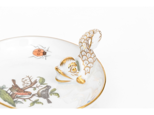 Herend Hungary Hand-Painted Porcelain Dish With Dolphin Handle, Rothschild Bird Pattern (RO)