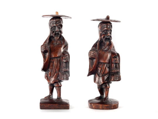Pair Of Chinese Carved Wood Elder Figures With Removable Hats