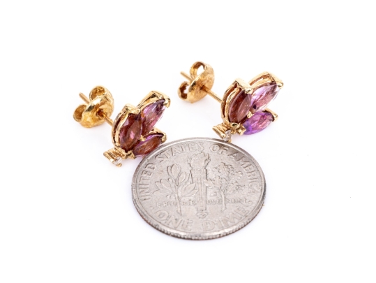 14k Yellow Gold Triple Amethyst Foliate Cluster And Diamond Accented Earrings