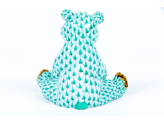 Herend Hungary Hand-Painted Bear Figure, Green Fishnet Pattern