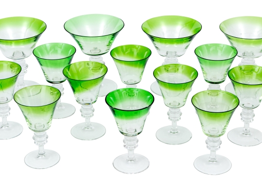 Set Of Fifteen Green Trimmed Stemware