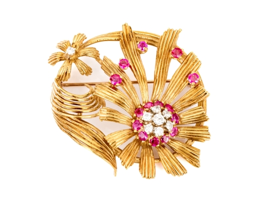 Karbra Yellow Gold Magnificent Vintage Ruby And Diamond Flower Cluster Brooch