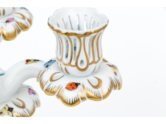 Pair Of Herend Hand-Painted Porcelain Convertible 3-Light Candelabra, Rothschild Bird (RO) Pattern