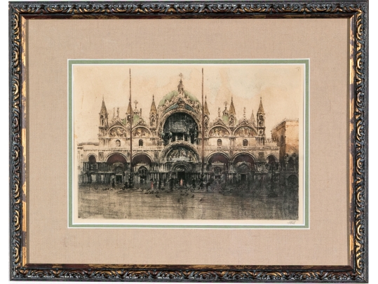 J. Wolf, Signed Hand Colored Etching, St. Mark's Basilica, Piazza San Marco Venice 