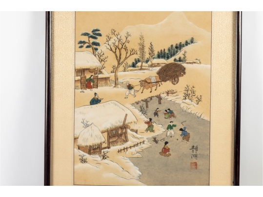 Framed Korean Painting On Silk Depicting Winter Village Scene
