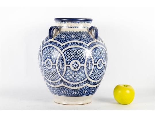 Large Moroccan Style Blue And White Pottery Vase