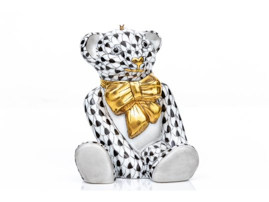 Rare Herend Hungary Porcelain Teddy Bear Ornament Figure, Black Fishnet Pattern