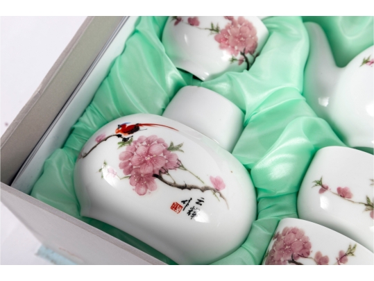 Chinese Jingdezhen “Shuidian Taohua (7501)” Porcelain Tea Set In Original Box