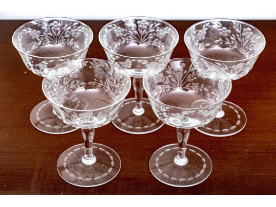 Set Of Six Elegant Etched Glass Champagne Coupes