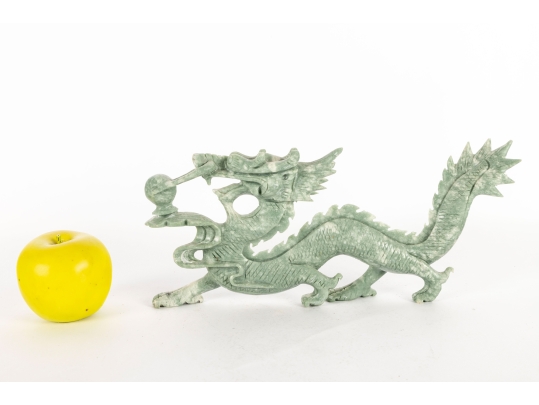 Chinese Carved Green Serpentine Hardstone Dragon