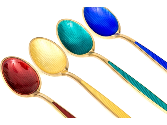 Set Of Four David- Andersen Norway Enameled Sterling Silver Vermeil Demitasse Spoons  1.290 Gross TO