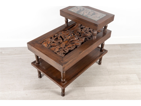 Mid-20th Century Chinese Hand-Carved Tiered Side Table With Figural Panels