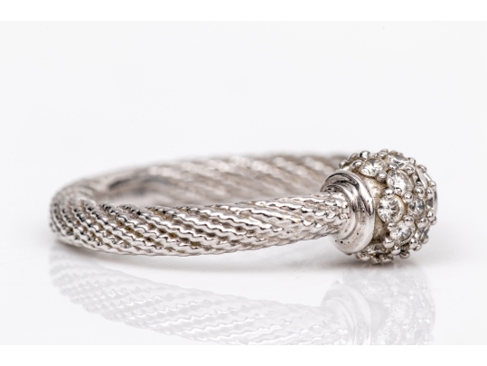 18k White Gold Lovely Cable And Pave Diamond Ball Ring, App. 0.18 TCW, Size 6