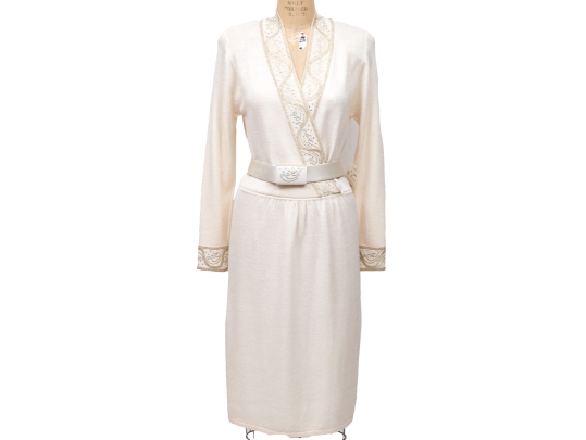 St. John Ivory White Sweater Dress With Sequinned Collar, Size 10