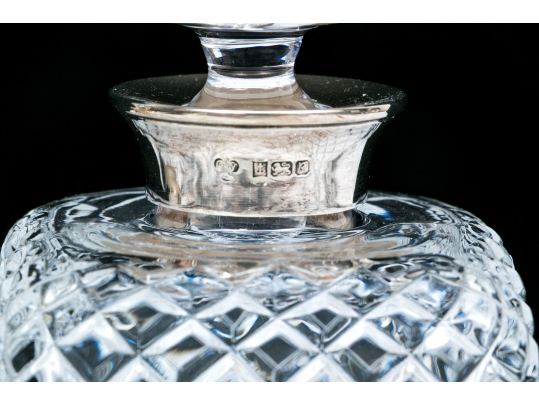 Group Of Three English Cut Glass Decanters Or Perfumes With Sterling Silver Collars