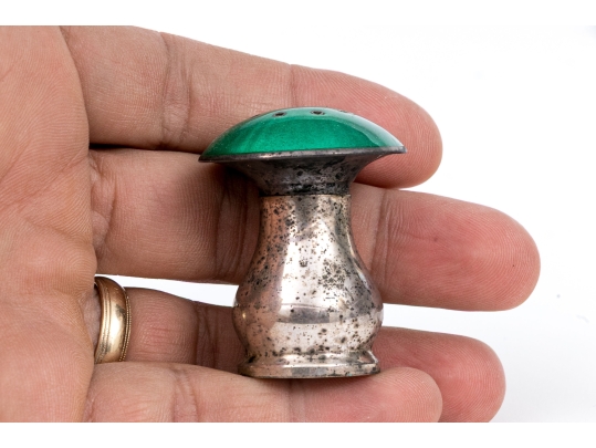 Pair Of Norwegian Enameled Sterling Silver Mushroom Salt And Pepper Casters