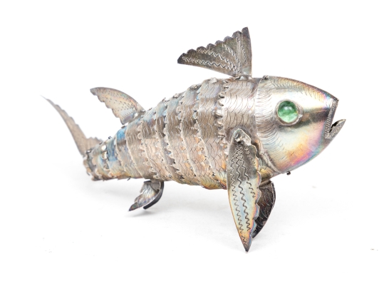 Vintage Sterling Silver Articulating Fish With Green Glass Eyes