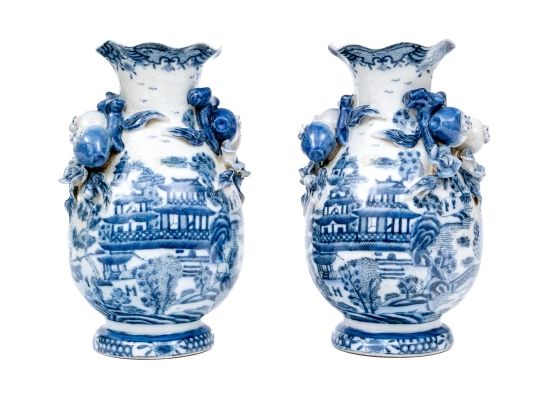 Pair Of Decorative Chinese Export Style Blue And White Porcelain Vases 