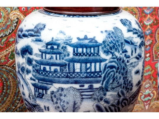 Pair Of Decorative Chinese Porcelain Ginger Jars With Wood Lids