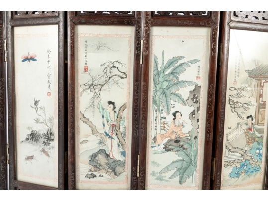 Vintage Chinese Folding Table Screen With Hand-Painted Scenes