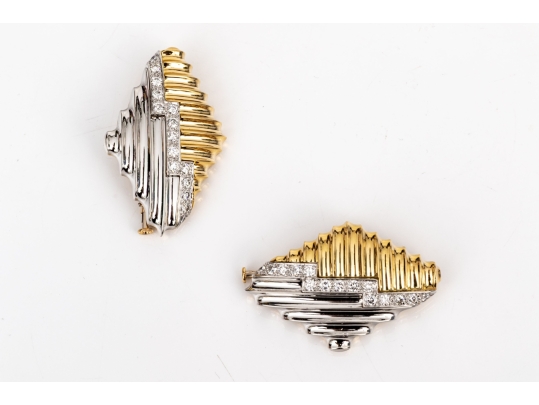 Michael Bondanza Platinum, 18k And Diamond Pair Of Opposing Deco Style Brooches, App. 1.20 TCW