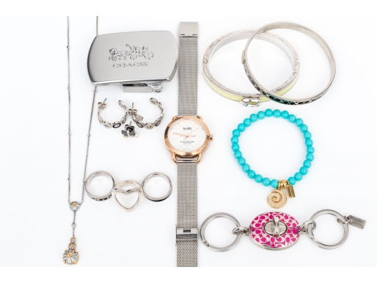 Coach Collection Of Jewelry And Fashion Pieces, Including A Belt Buckle, Boxed, And A Sterling Ring