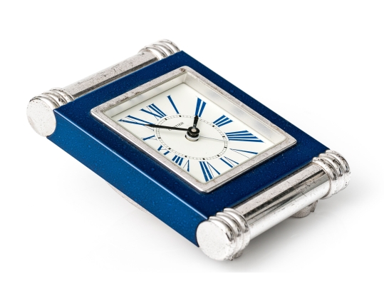 Cartier Vintage Blue Composite Deco Style Travel Clock, Ribbed Ends