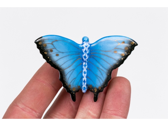 Herend Hungary Hand-Painted Porcelain Blue Butterfly Figure, Blue FIshnet Pattern