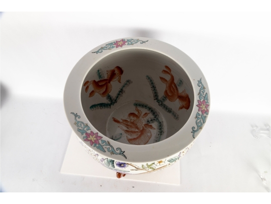 Mid-20th Century Chinese Famille Rose Porcelain Fish Bowl With Wooden Stand